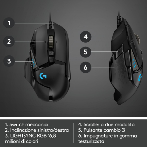 17323088986522-logitechglogitechg502mousegamingheroprestazionielevatesensorehero25k25600dpirgbpesiregolabili11pulsantiprogrammabilimemoriaintegrataperpcmaclaptopnero